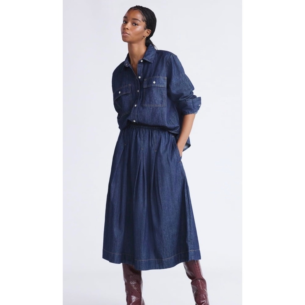 Free Assembly Womens Blue Denim Pleated Maxi Skirt Elastic Waist Pockets Size M